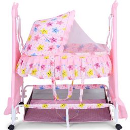 Infanto Happy Angel Baby Cradle Deluxe Swing Totil Ghodiya Palna Jhula Basket Hammock Style Foldable Net Cover Anti Skid Pad 0 to 12 Months - PINK-25