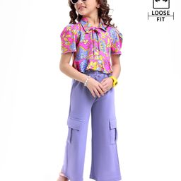 OLLINGTON ST. Cotton Knit Half Sleeve Floral Printed Top & Pant - Plum-image-78