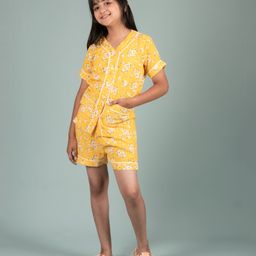 tweeny mini 100% Pure Rayon Woven Half Sleeves Floral Printed Coordinating Night Suit Set - Yellow-image-51