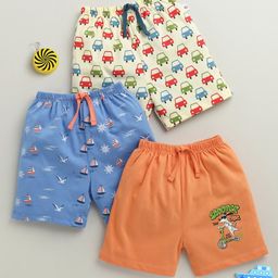 BUMZEE Cotton Knit Above Knee Length Vehicle Printed Shorts Pack of 3 - Orange Blue & White-picture-20