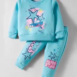 Smarty Girls Fleece Knit Full Sleeves Winter Wear Sweatshirt & Lounge Pant Set With Stars Print - Blue-picture-0