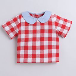 Aww Hunnie 100% Cotton Half Sleeves Checked Top - Red-image-91