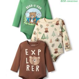 Babyoye 100% Cotton With Eco Jiva Finish Full Sleeves Onesies Bear Print Pack of 3 - Green Brown & Off White-image-11