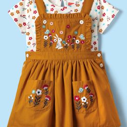 Babyhug Cotton Woven Frock & Half Sleeves Inner Tee With Floral Print & Embroidery - Mustard & White-image-54