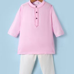 Babyhug Woven Full Sleeves Solid Colour Kurta Pajama Set - Pink & White-image-65