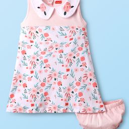 Babyhug Single Jersey Knit Sleeveless Peter Pan Collar Frock With Floral Print & Bloomer - Light Pink-image-63