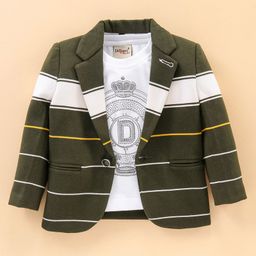 Dapper Dudes Full Sleeves Striped Blazer With Fashion Text Stone Embellished Tee Set - Olive-image-78