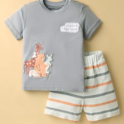 Mini Taurus Interlock Knit Half Sleeves Tshirt & Shorts Set with Animal Patch & Stripe Design - Steel Grey-image-103