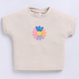 giniekids Knit Half Sleeves Sequins Embellished Floral Designed Top - Beige-image-98