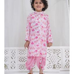Little Bansi Muslin Woven Full Sleeves Floral & Flamingo Printed Kurta Dhoti Set - Pink-image-94