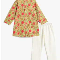 Campana 100% Cotton Woven Full Sleeves Floral Printed Kurta Pyjama Set - Green & Peach-picture-9