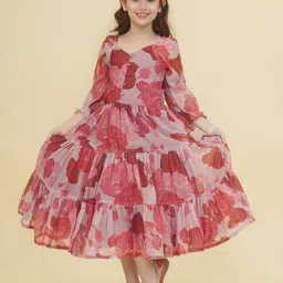 Bitiya By Bhama Silk Woven Three Fourth Peasant Sleeves Floral Printed Tiered Dress - Maroon-picture-16