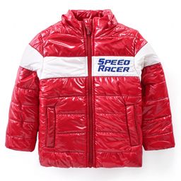 Babyhug Full Sleeves Front Open Padded Hooded Jacket with Colour Block Design & Text Embroidery - Red image 2
