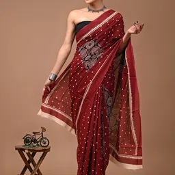 Crafts Moda Polka Dot Pure Cotton Block Print Saree-image-9