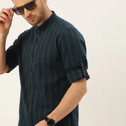 Moda Rapido Men Teal Blue & Grey Slim Fit Striped Sustainable Casual Shirt-image-44