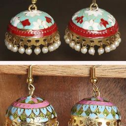 Oomph Red & Mint Green Pink Meenakari Enamel Minimal Floral Jhumki Earrings - Set of 2-22