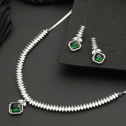 Saraf RS Jewellery Silver Plated Green CZ Studded Minimal Jewellery Set-image-73