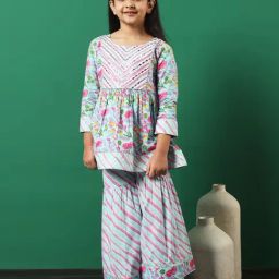 READIPRINT FASHIONS Kids Blue & Pink Printed Kurti with Gharara-image-19