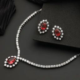 Saraf RS Jewellery Silver Plated Red CZ Studded Minimal Delicate Jewellery Set-image-98