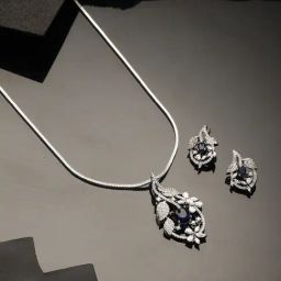 Saraf RS Jewellery Silver Plated Blue AD Studded Floral Designer Pendant & Earrings Set-16