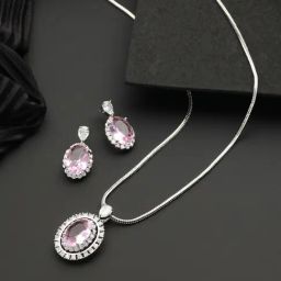 Saraf RS Jewellery Silver Toned Pink CZ Studded Luxe Minimal Pendant & Earrings Set-image-71