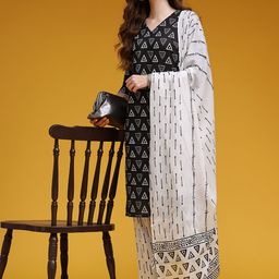 HERE&NOW Printed Cotton Kurta with Trousers & With Dupatta-picture-4