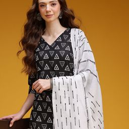 HERE&NOW Printed Cotton Kurta with Trousers & With Dupatta image 3