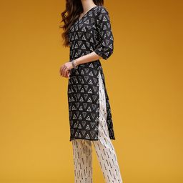 HERE&NOW Printed Cotton Kurta with Trousers & With Dupatta image 5