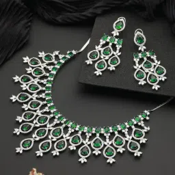 Saraf RS Jewellery White Rhodium Silver Plated Green CZ Stone Studded Jewellery Set-image-63