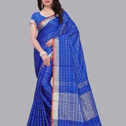 Satrani Blue Checked Saree With Unstitched Blouse Piece-image-76