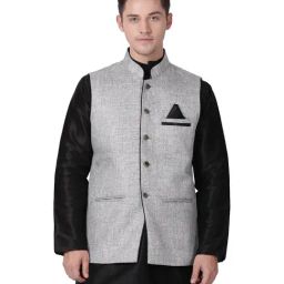 Tabard Silver Regular Fit Sleeveless Nehru Jacket-image-52
