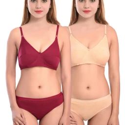 AROUSY Maroon & Beige Cotton Bra Panty Set - Pack Of 2-image-40
