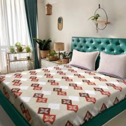 Klotthe Beige Cotton Printed 400 TC King Flat Bedsheet with 2 Pillow Covers-picture-10