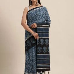 Geroo Jaipur Blue Block Print Saree-3