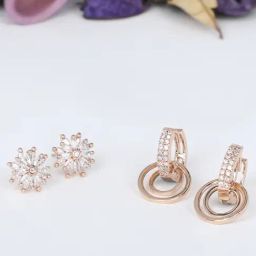 Zaveri Pearls Set of 2 Rose Gold & Gold Tone Cubic Zirconia Brass Stud & Hoop Earrings - ZPFK11161-23