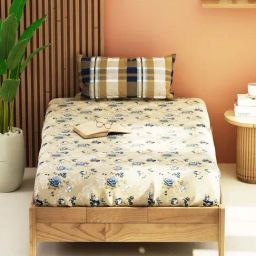 Bianca Bagator Sand & Blue 152 TC Micro Fabric Single Bedsheet with 1 Pillow Cover-image-78