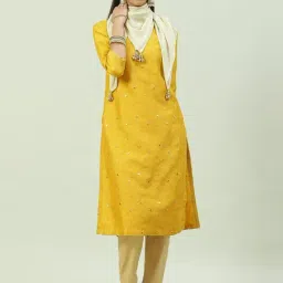 Biba Yellow Embroidered Straight Kurta With Scarf-image-52