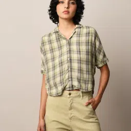 Only Light Green Viscose Checks Crop Shirt-image-45