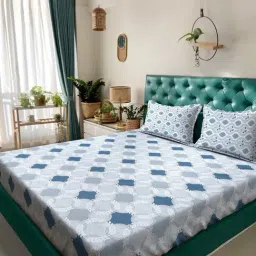 Klotthe Blue Cotton Printed 400 TC King Flat Bedsheet with 2 Pillow Covers-picture-8