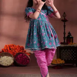 Libas Kids Girls Blue & Pink Cotton Floral Kurta Sets-image-26