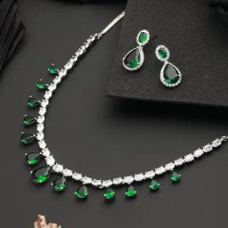 Saraf RS Jewellery Rhodium Plated Green CZ Studded Single Line Minimal Jewellery Set-image-39