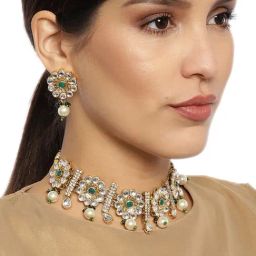 Zaveri Pearls Antique Green Stones Floral Design Dazzling Choker Necklace & Earring Set-ZPFK9364-image-36