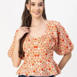 Moomaya Red & White Cotton Floral Print Peplum Top-image-57