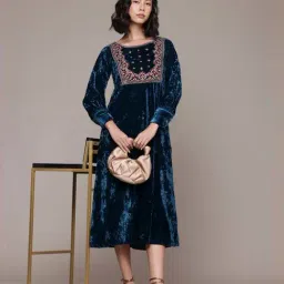 Aarke Ritu Kumar Teal Inara Velvet Midi Dress-image-94