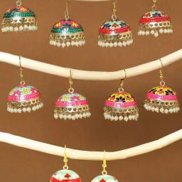 Oomph Green, Pink & Yellow Floral Meenakari Ethnic Jhumki Earrings - Set of 5-16