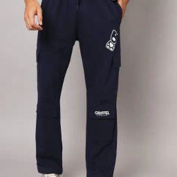 GRIFFEL Navy Relaxed Fit Printed Bell Bottom Trackpants-image-54