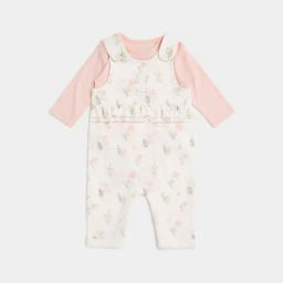 Mothercare Kids Peach Floral Print Full Sleeves Dungree with Bodysuit-picture-0
