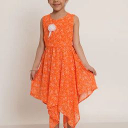 Creative Kid's Girls Orange & White Floral Dress-image-83