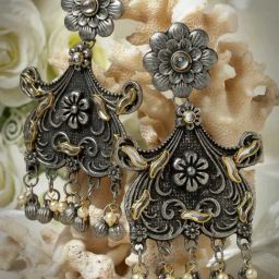 Moedbuille Kundan and Pearls Tasselled Floral Design Oxidised Silver Plated Tribal Earrings-22