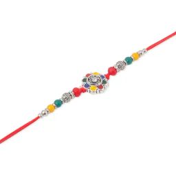NVR Men Multicolor Stones & Beads Floral Design Thread Rakhi with Roli Chawal Chandan & Mishri image 2